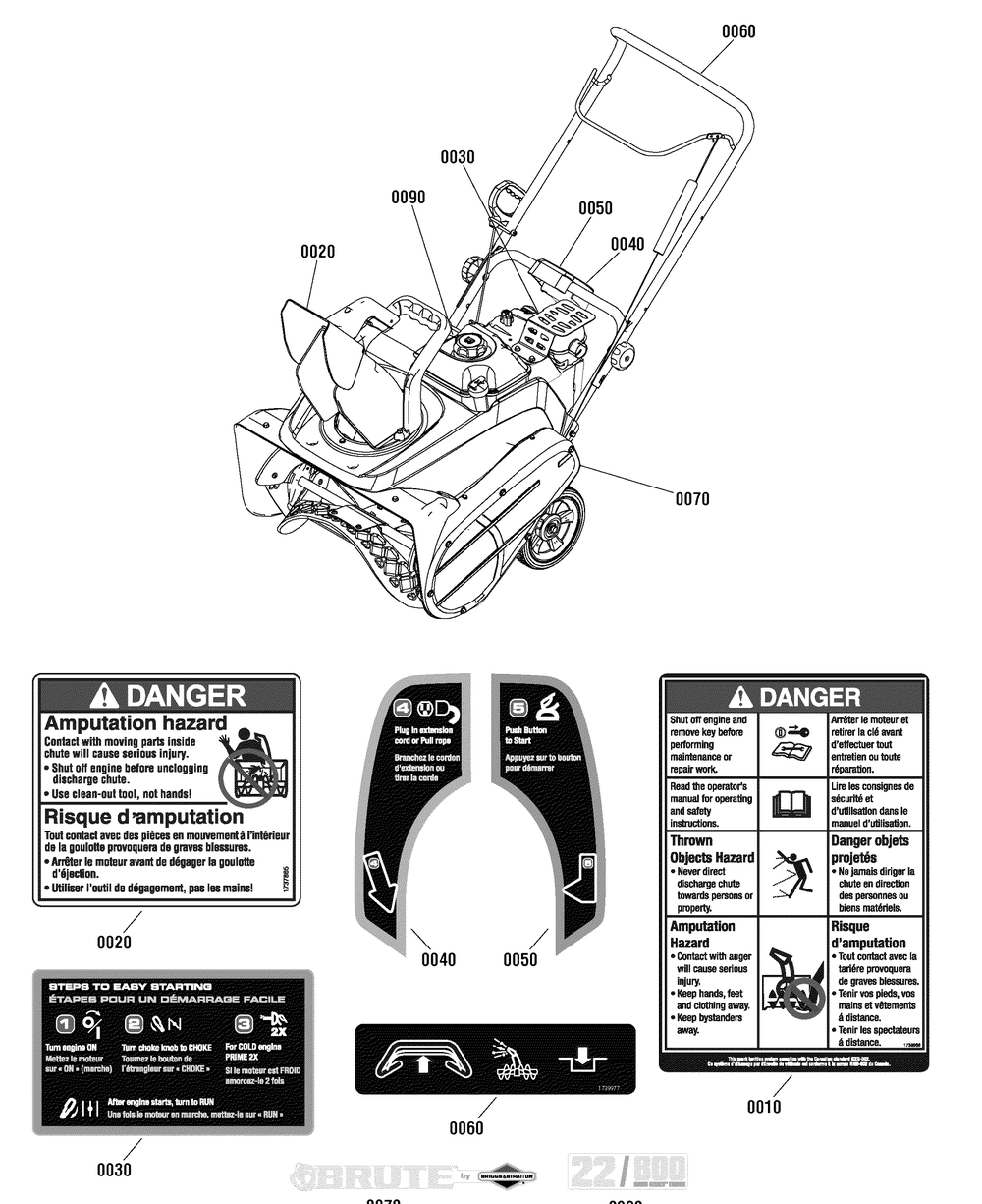 Decals Group Diagram and Parts List for 1695891 2011 Briggs and Stratton Snow Blower